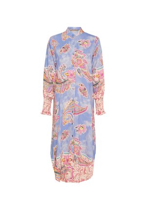 Lang, knap-op kjole i lyseblåt stof med et farverigt paisley-mønster med pink og gule accenter samt gathered ærmer.