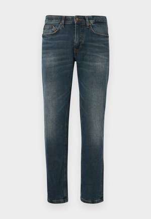 Mørkeblå denimjeans med rett passform, fem lommer og subtile falmede detaljer. Klassisk knapp- og glidelåslukking.