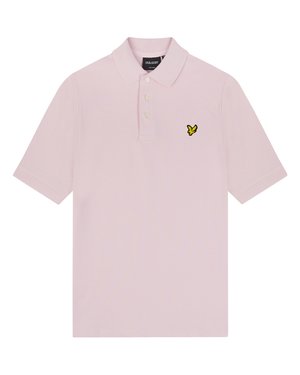 Svetlo roza polo majica s kratkimi rokavi, tremi gumbi in majhnim rumenim logotipom ptice na levi strani prsnega koša.