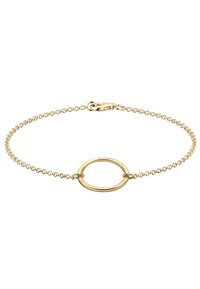 Goldene Kettenarmband mit einem zentralen ovalen Glied, zarter Kette mit einem Karabinerverschluss, glatter Textur und polierter Oberfläche.