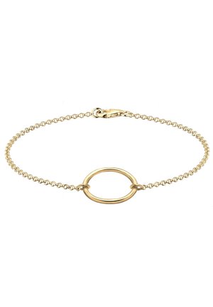 Guld kædearmbånd med et centralt oval led, delikat kæde med en lobster clasp, glat tekstur og poleret finish.