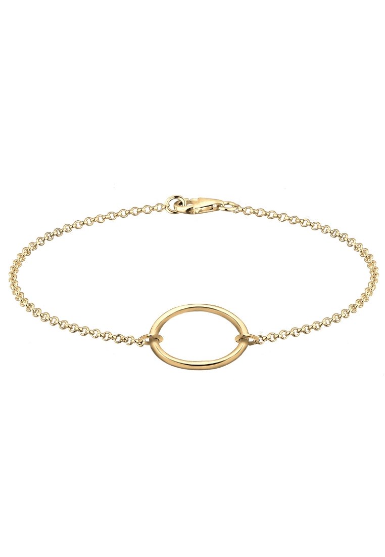 Goldene Kettenarmband mit einem zentralen ovalen Glied, zarter Kette mit einem Karabinerverschluss, glatter Textur und polierter Oberfläche.