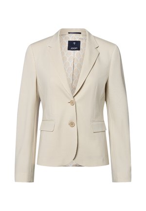 Beige gestreifter Blazer aus gewebtem Stoff, mit Reverskragen, zwei Knopfverschlüssen und zwei frontalen Taschen. Gefüttert mit einem gemusterten Innenfutter.