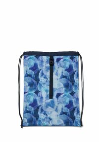 Kordelzug-Rucksack in blauen Farbtönen mit einem abstrakten, wasserähnlichen Muster, ausgestattet mit einem schwarzen Verschlussstreifen und verstellbaren Schnüren.