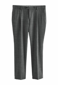 Gray tailored trousers with a pinstripe pattern, made of fabric with a smooth texture; features front pockets and a button closure.