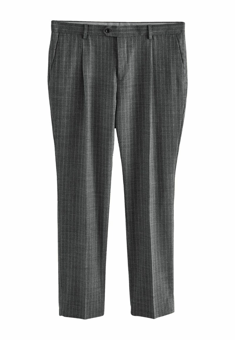 Gray tailored trousers with a pinstripe pattern, made of fabric with a smooth texture; features front pockets and a button closure.
