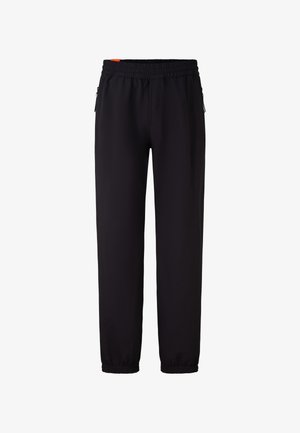 Schwarze Sporthose mit elastischem Bund, mit Reißverschluss versehenen Taschen und schmal zulaufenden Säumen. Hergestellt aus weichem, leichtem Stoff.