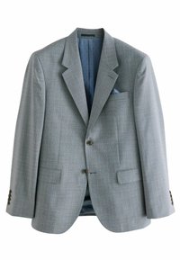 Lyseblå ternet blazer med klapkraver, to forlommer og en lommevilje. Foret med en ensfarvet blå stof med prikkemønster.