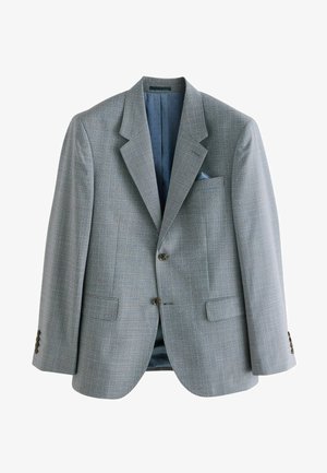 Světle modrý kostkovaný blejzer s klopovými límci, dvěma předními kapsami a kapesníčkem. Podšívka z jednobarevné modré látky s tečkovaným vzorem.