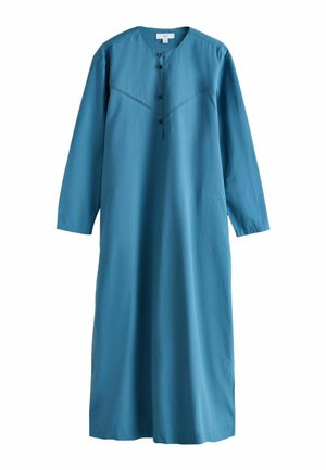 Langærmet kjole i ensfarvet teal stof, med rund halsudskæring, knaplukning og fine sømdetaljer på tværs af brystet.