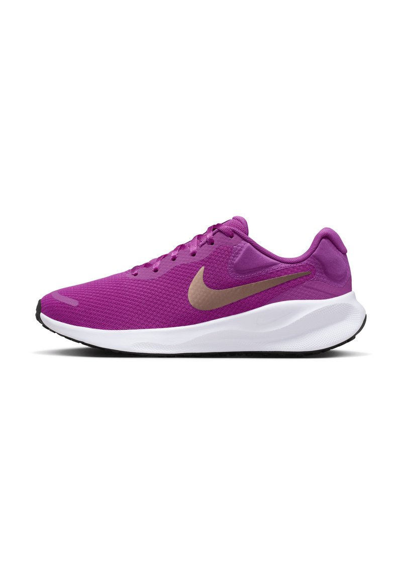 Purple mesh running shoe with a lightweight design, featuring a gold Swoosh logo, white midsole, and black outsole.
