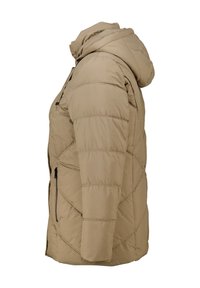 Beige gewatteerde jas met een capuchon, voorzien van een diagonale quiltpatroon, ritszakken aan de zijkanten en een gladde textuur. Zijkant weergegeven.