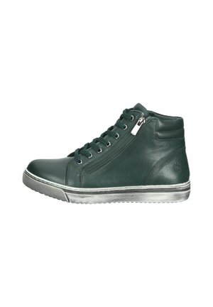 Dark green high-top leather sneaker with black laces, side zipper, and white rubber sole showing slight wear marks.