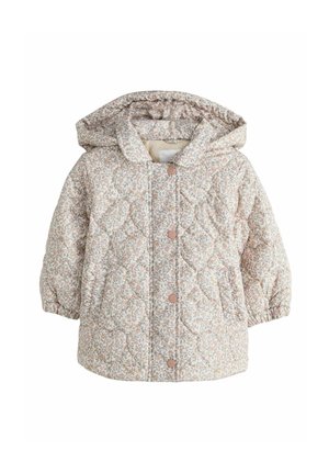 Jachetă pentru copii, culoare bej deschis, cu glugă, model floral, nasturi în față, textură matlasată și manșete elastice la mâneci.