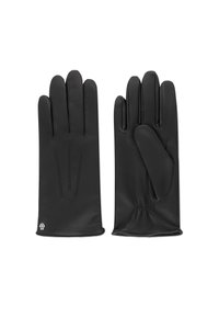 Gants en cuir noir avec une texture lisse, trois coutures décoratives au dos et un élastique à la taille du poignet. Petit logo au niveau du poignet.