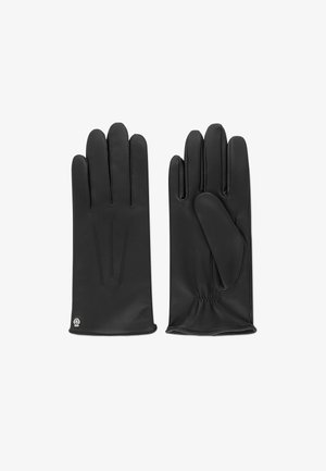 Gants en cuir noir avec une texture lisse, trois coutures décoratives au dos et un élastique à la taille du poignet. Petit logo au niveau du poignet.