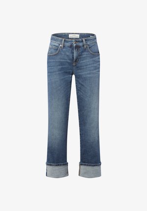 Blaue Jeans aus Denim mit gerader Schnittform, umgeschlagenen Säumen, klassischem Fünf-Taschen-Design und einem leichten Verblassen an den Beinen. Mit einer besonderen Nahtdetails.
