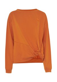 Maglietta arancione a maniche lunghe con una vestibilità ampia, caratterizzata da un dettaglio annodato sul davanti, scollatura rotonda e un'accattivante ricamo sul petto.
