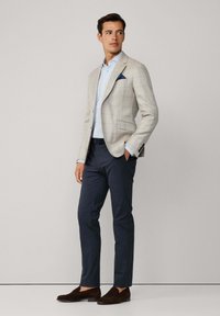Man som bär en beige rutmönstrad kavaj, ljusbl�å randig skjorta, marinblå byxor, mörkbruna loafers och en blå ficknäsduk, stående mot en Plain vägg.