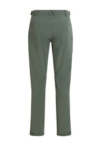 Pantalon de randonnée vert avec taille et chevilles réglables, doté de renforts aux genoux, présenté de dos.