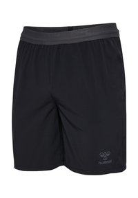 Shorts de sport noirs avec ceinture élastique et logo hummel sur le bas de la jambe gauche, conçus pour le sport et les activités actives.