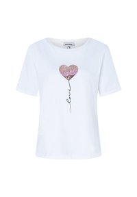 Weißes Baumwoll-T-Shirt mit einem Pailletten-Herzballon-Design in rosa und goldenen Tönen, mit dem Wort "Liebe" darunter geschrieben.