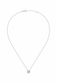 Silberkette mit einem runden Anhänger, der mit kleinen klaren Steinen im Pavé-Stil besetzt ist und einen strukturierten, schimmernden Effekt erzeugt.