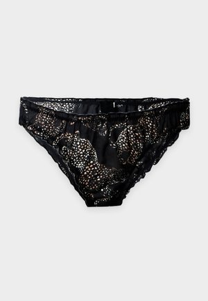 Czarne prześwitujące koronkowe figi bikini z beżowym i białym cętkowanym wzorem w panterkę oraz falbankowymi wykończeniami krawędzi.