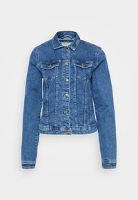 Klassisk blå denimjakke med en kroppsnær design, lange ermer, to brystlommer, knappelukking og subtile falmingdetaljer.