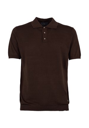 Ciemnobrązowa koszulka polo z krótkim rękawem, z trzema guzikami i klasycznym kołnierzykiem, wykonana z delikatnej dzianiny.