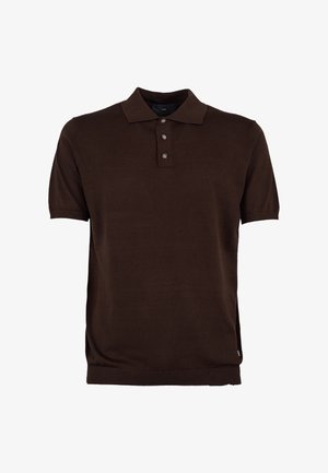 Donkerbruin poloshirt met korte mouwen, drie knopen en een klassieke kraag, gemaakt van fijngebreide stof.