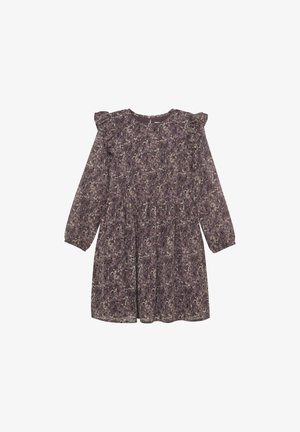 Lila blommig klänning i lätt tyg, med långa ärmar, volangdetaljer på axlarna och resårmidja.