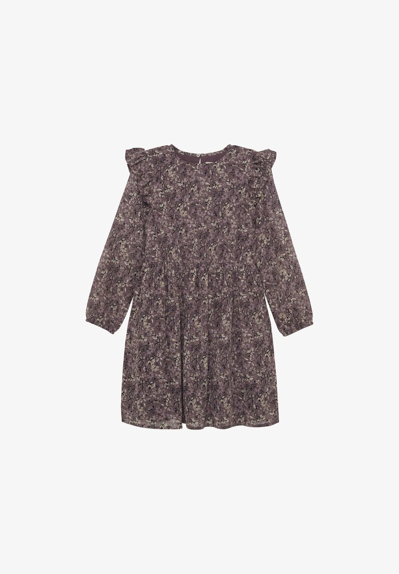 Fioletowa sukienka w kwiaty z lekkiego materiału, z długimi rękawami, falbaniastymi akcentami na ramionach i elastyczną talią.