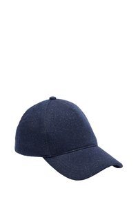 Navy blue baseball cap made of textured fabric, featuring a rounded crown and a curved visor, with subtle speckles and a button on top.