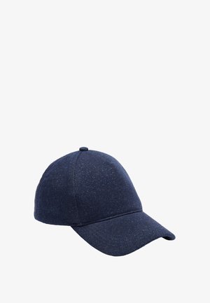 Cappellino da baseball blu navy realizzato in tessuto texturizzato, con una corona arrotondata e una visiera curvata, caratterizzato da leggere macchie e un bottone in cima.