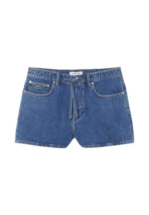 Shorts di denim blu con vita a coulisse, tasche anteriori e patch con il logo Lacoste sulla tasca anteriore sinistra.