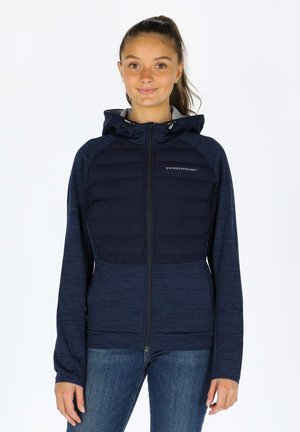 Navy blue hooded jacket with a quilted front panel, textured sleeves, and a full zipper. Features the "Swedemount" logo on the chest.
