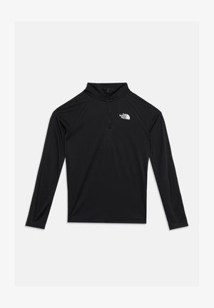 Czarna bluza z długim rękawem, suwak do ćwiartki, wysoki kołnierz i biały logotyp The North Face po lewej stronie klatki piersiowej.