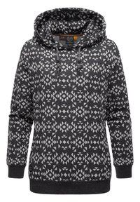 Sweatshirt à capuche gris foncé avec des motifs géom�étriques blancs, doté d'un cordon de serrage, de manches longues et de bords côtelés à la taille et aux poignets.