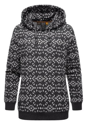 Sweatshirt à capuche gris foncé avec des motifs géométriques blancs, doté d'un cordon de serrage, de manches longues et de bords côtelés à la taille et aux poignets.