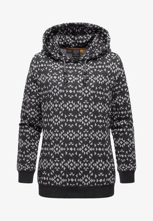 Hooded sweatshirt in dark gray with white geometric patterns, featuring a drawstring, long sleeves, and ribbed cuffs and hem.