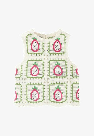 Gehaakt mouwloos vestje met vierkante patronen met roze en groene drakenfruitmotieven op een witte achtergrond.