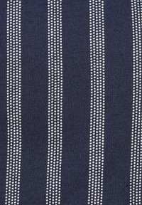 Navy fabric featuring vertical white pinstripes with small dots. The texture is smooth, with knitted material that adds subtle depth.