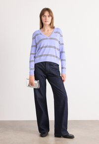 Pull-over V à col purple clair avec des rayures horizontales noires et blanches, assorti avec un pantalon évasé en denim foncé et un sac à main en acrylique transparent.