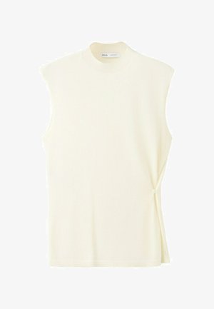 Ärmelloses cremefarbenes Strickoberteil mit Stehkragen und seitlichem Knopfdetail, hergestellt von MNG, flach auf weißem Hintergrund dargestellt.