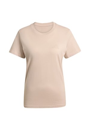 Beige T-Shirt mit kurzen Ärmeln und Rundhalsausschnitt, dezentes, geprägtes Logo auf der linken Brust, in regulärer Passform geschnitten.
