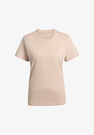 Beige short-sleeve crew neck T-shirt with subtle embossed logo on the left chest, tailored for a regular fit.