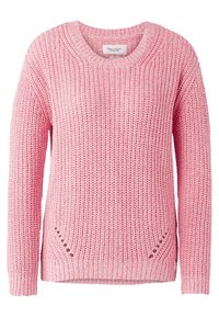 Maglione rosa lavorato a maglia con collo tondo, maniche lunghe e spacchi laterali. Motivo testurizzato su tutta la superficie, realizzato in filato morbido e spesso.