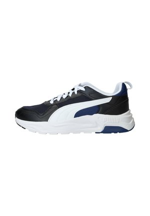 Low-top Puma sneaker in zwart, marineblauw en wit met bovenwerk van mesh en leer, witte veters en dikke, gevoerde zool.