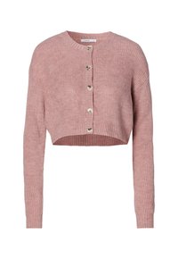 Różowa kurtka typu cardigan z krótkim rękawem, długimi rękawami, teksturowanym prążkowanym materiałem i pięcioma guzikami z przodu. Okrąły dekolt i detal na wykończeniach w prążki.